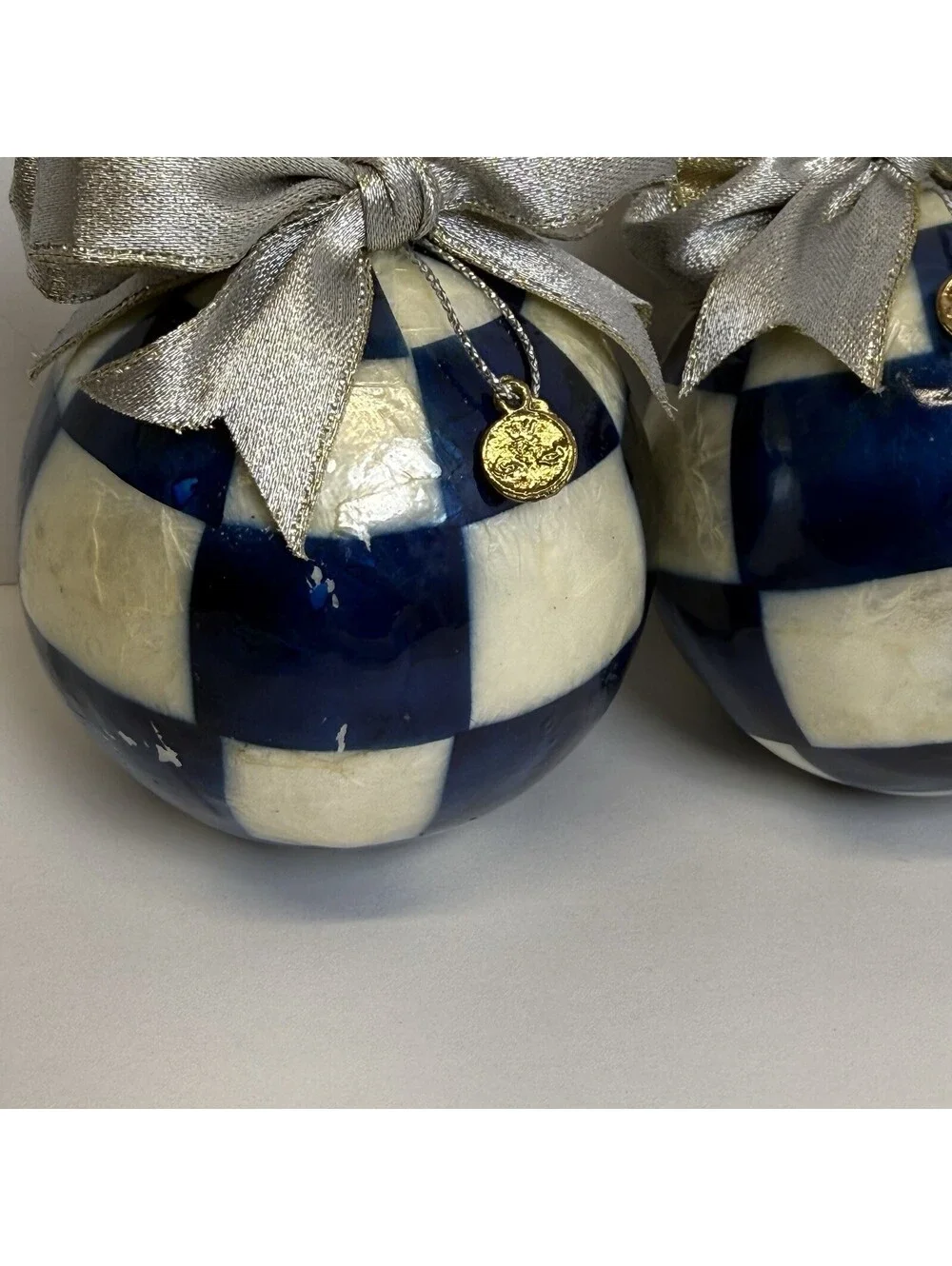 Mackenzie Childs Royal Harlequin Capiz Ball Ornaments Blue White Ribbon Lot Of 3